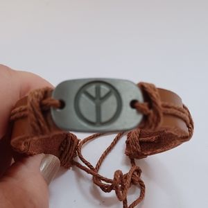 LEATHER BRACELET Unisex tie string PEACE Emblem hand crafted